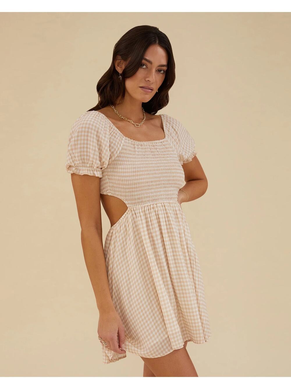 [Rachel Parcell] Tan Micro Gingham Print Open Back Smocked Mini Dress NWT Sz XXL